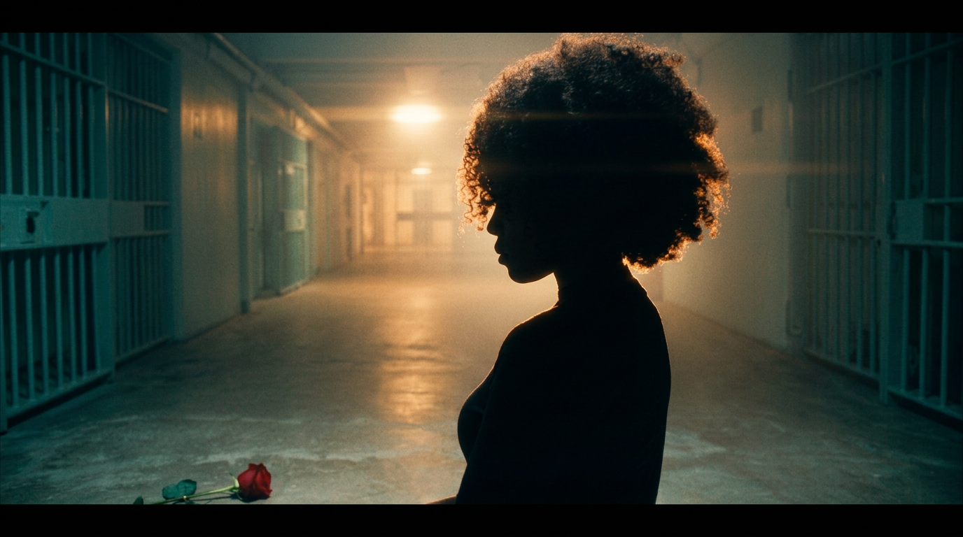 Silhouette of a woman in a dim prison corridor with a single rose on the floor